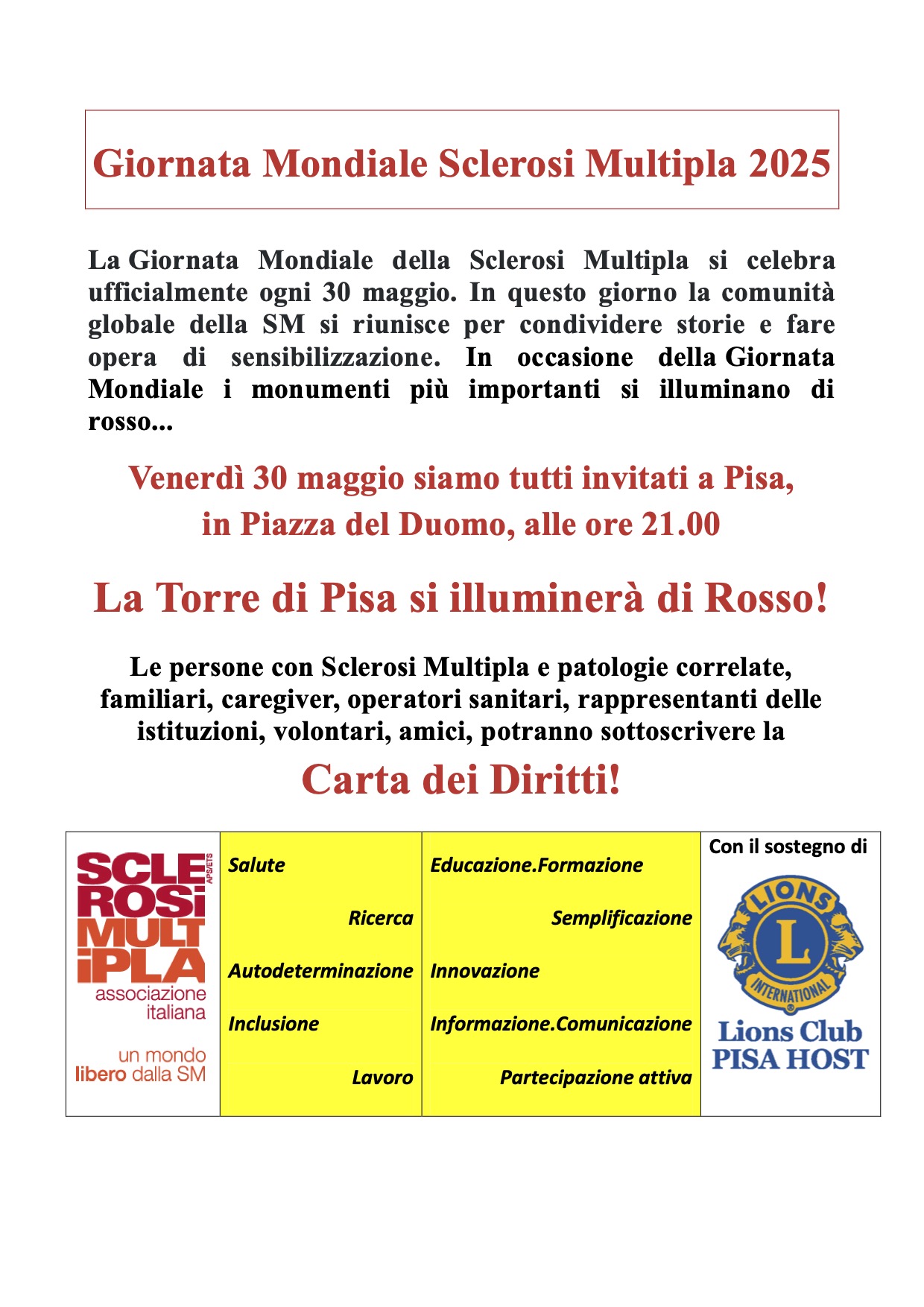 Giornata Mondiale Sclerosi Multipla - venerdì 30 maggio